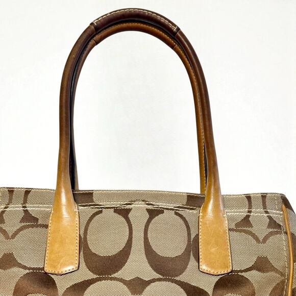 COACH Hamptons Medium Madeline Satchel Handbag Brown Monogram Leather Trim - Picture 14 of 15